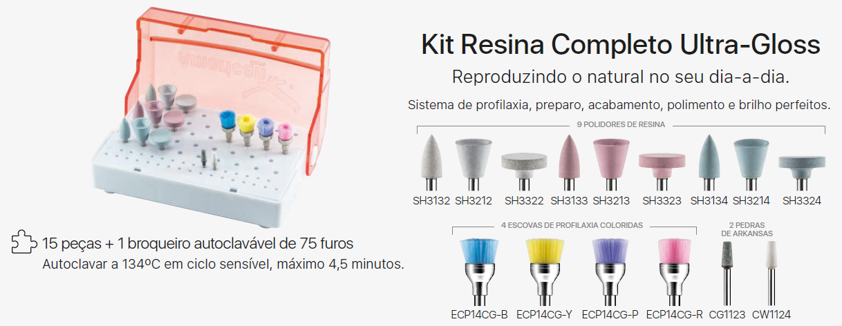 Infográfico do produto Kit p/ Polimento Resina Completo Ultra - Gloss Infográfico do produto Kit p/ Polimento Resina Completo Ultra - Gloss