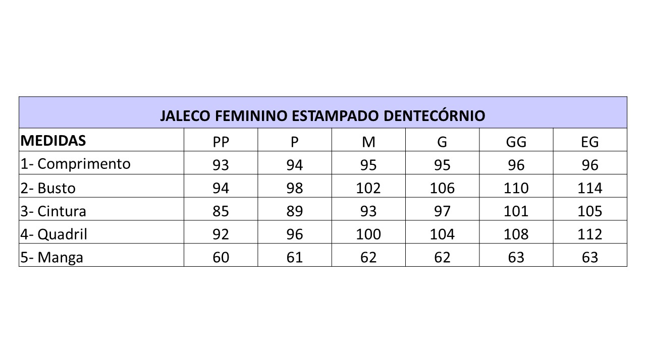 Infográfico do produto Jaleco Estampado Dentecórnio - XG Infográfico do produto Jaleco Estampado Dentecórnio - XG