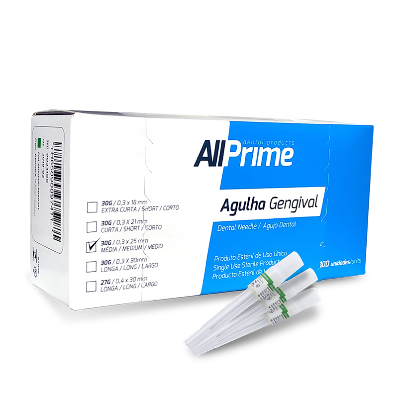 Agulha Gengival 30G 0,3x25mm Média 100unid. - AllPrime