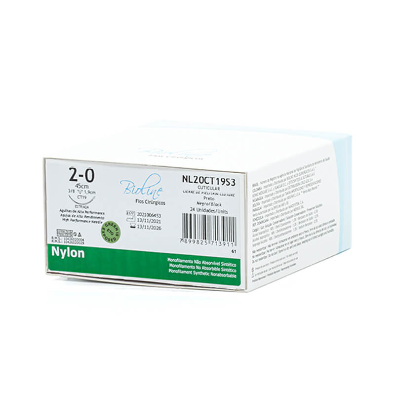 Fio Cirúrgico de Nylon Preto 2-0 Agulha 3/8 1,9 cm 24unid. - Bioline Fios