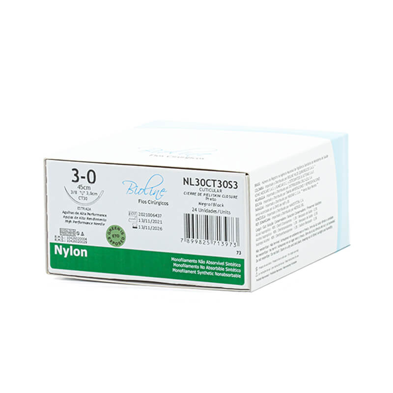 Fio Cirúrgico de Nylon Preto 3-0 Agulha 3/8 3,0 cm 24unid. - Bioline Fios