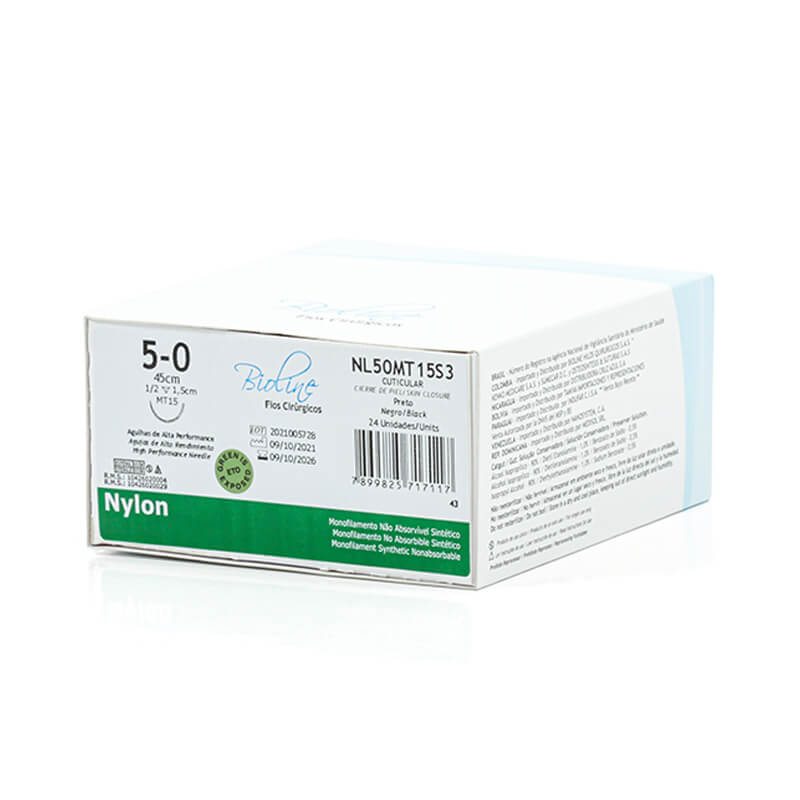 Fio Cirúrgico de Nylon Preto 5-0 Agulha 1/2 1,5 cm 24unid. - Bioline Fios