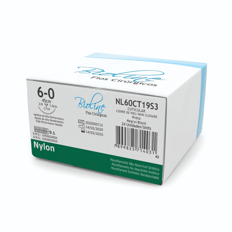 Fio Cirúrgico de Nylon Preto 6-0 Agulha 3/8 1,9 cm 24unid. - Bioline Fios