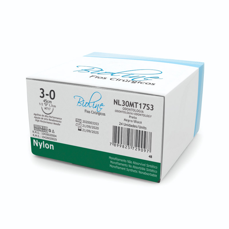 Fio Cirúrgico de Nylon Preto 3-0 Agulha 1/2 COR 1,7 cm 24unid. - Bioline Fios