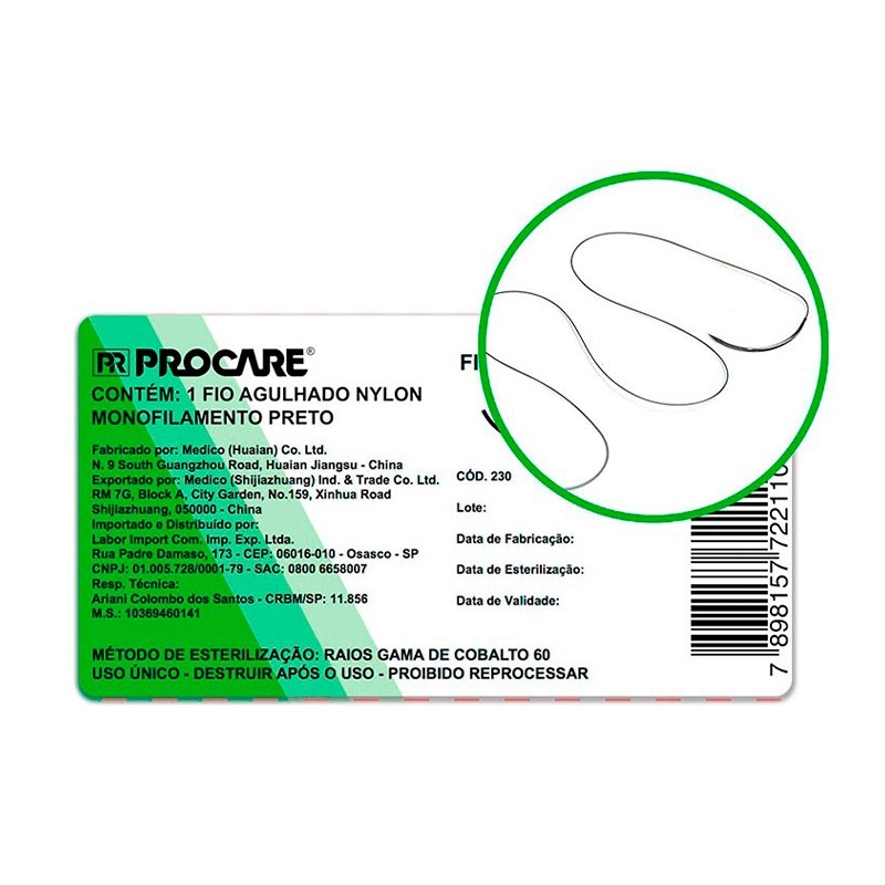 Fio de Sutura Agulhado de Nylon 2/0 - 25 mm - 3/8 - PROCARE