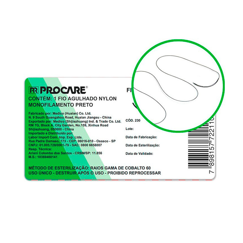 Fio de Sutura Agulhado de Nylon 2/0 - 20 mm - 3/8 - Procare
