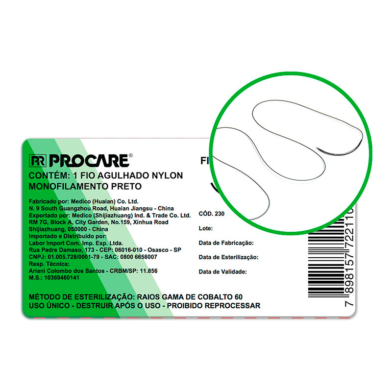 Fio de Sutura de Nylon Preto 6,0 CC 3/8 Agulha 2,0 cm 24unid. - Procare