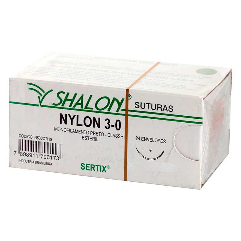Fio de Sutura de Nylon Preto 3-0 Agulha 1/2 CT 2,0 cm 24unid. - Shalon