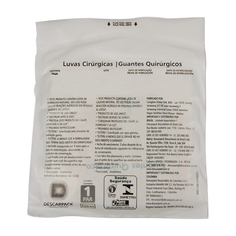 Luva de Látex Cirúrgica Estéril com Pó Pouch Plástico 7,5 - Descarpack